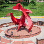 arial view of Big Red the uofl college of business abstract sculpture