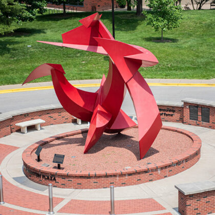 arial view of Big Red the uofl college of business abstract sculpture