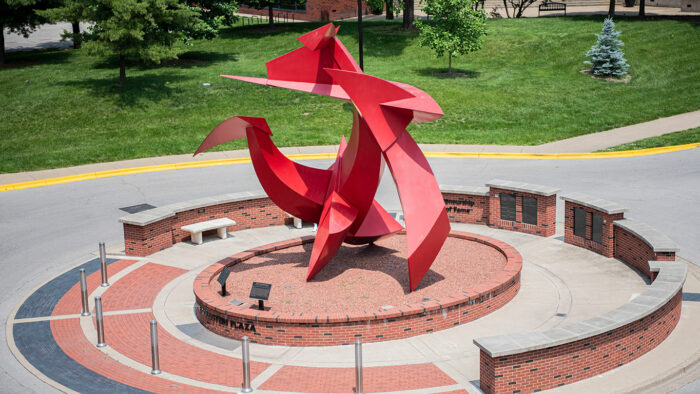 arial view of Big Red the uofl college of business abstract sculpture