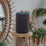 Amazon Alexa Echo Plus on a wooden table with green plants in the background