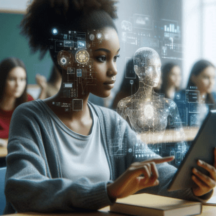 AI generated image of a student working with AI in a classroom