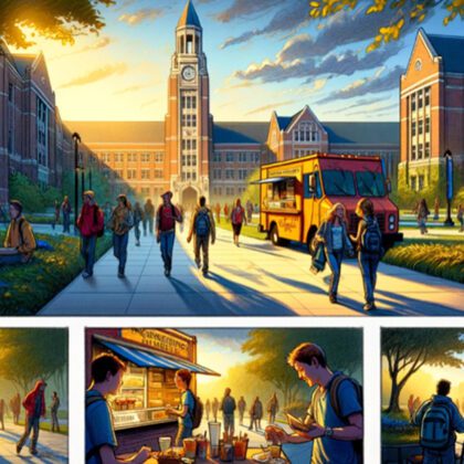 AI generated graphic of a college campus, students walking, and food trucks serving students food.