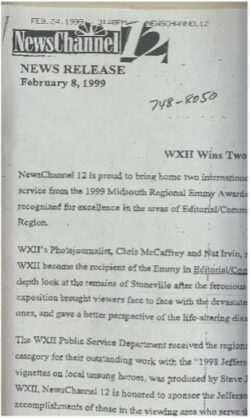 WXII न्यूज़ चैनल की एमी घोषणा, 1999 की समाचार क्लिपिंग