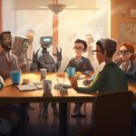 An LLM-generated graphic rendering of robots and people sitting around a kitchen table with cups of coffee and conversing.