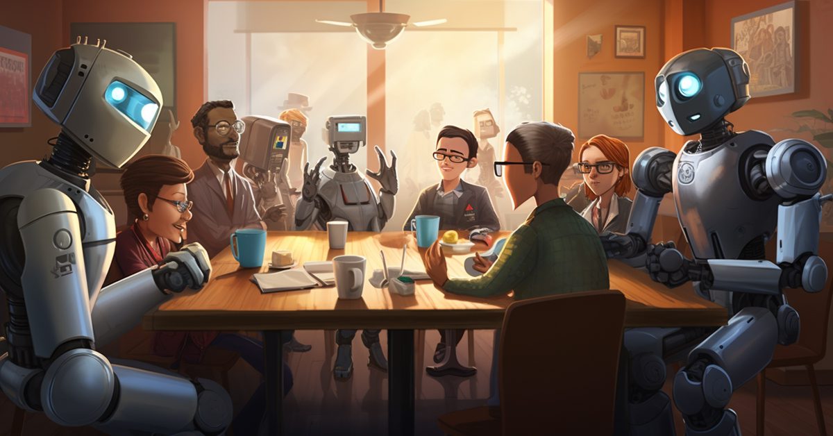 An LLM-generated graphic rendering of robots and people sitting around a kitchen table with cups of coffee and conversing.