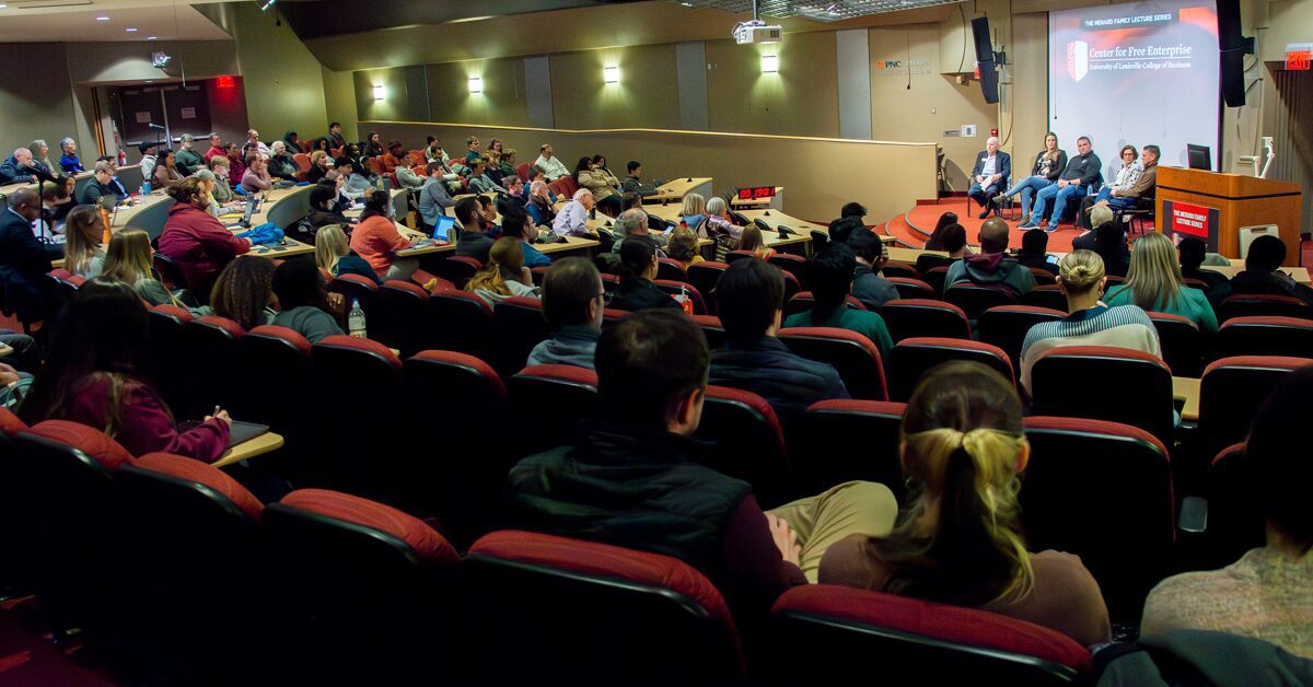 Guest speakers participate in a panel discussion in Horn Auditorium of Frazier Hall