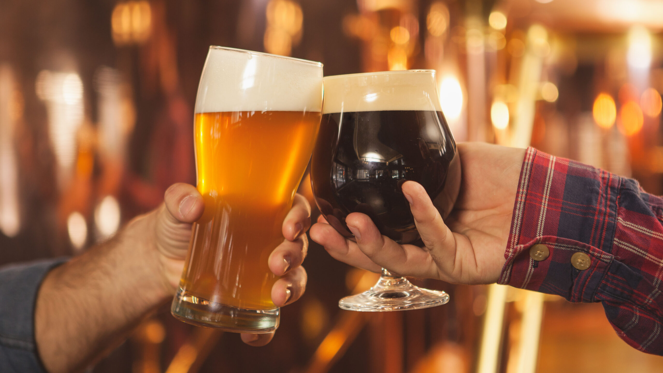 Nahaufnahme von zwei Männern, die Biergläser anstoßen und in der Bierkneipe feiern. Professionelle Brauer stoßen mit ihren Biergläsern an.