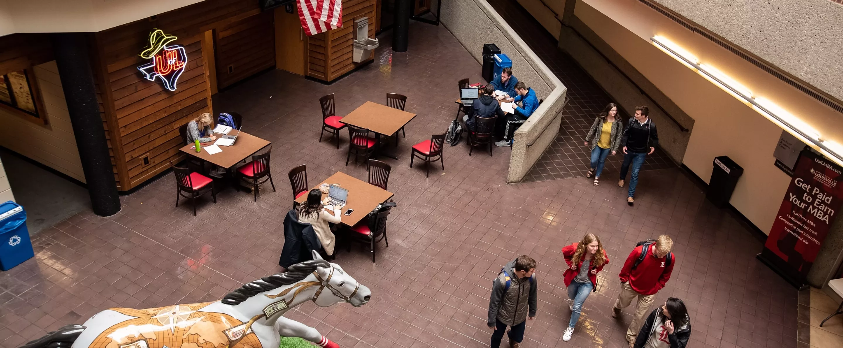 Aerial shot of the lower level on the College of Business