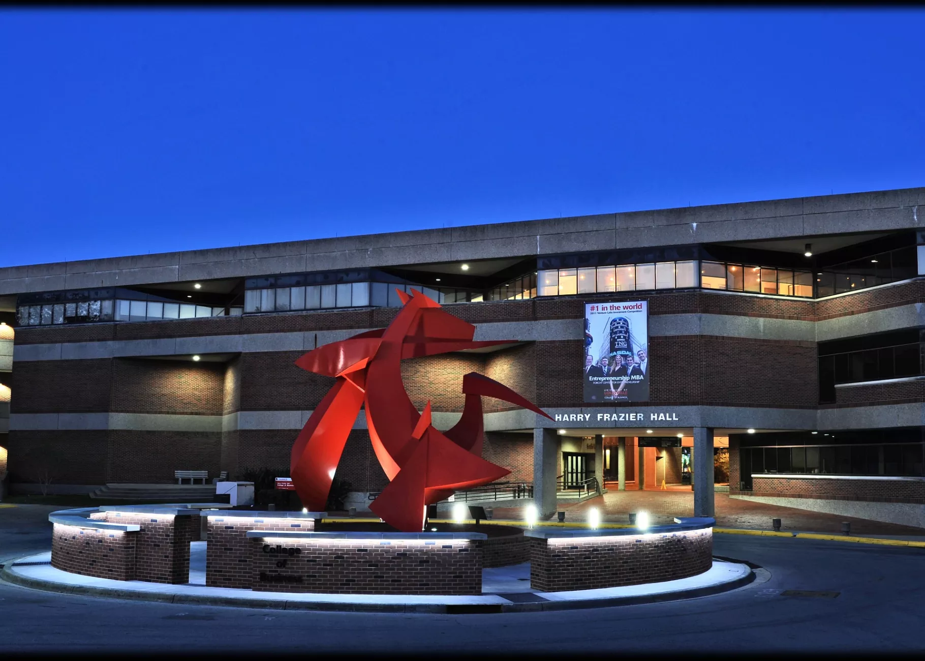 The College of Business and Big Red at night