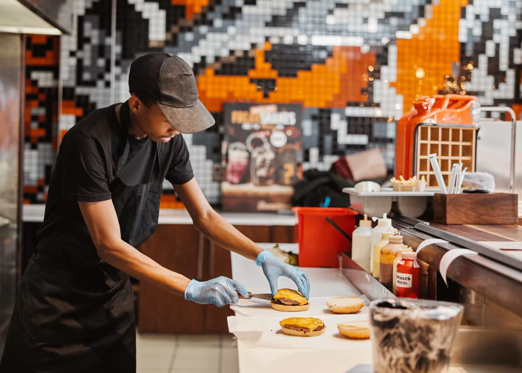 fast food kitchen worker at counter