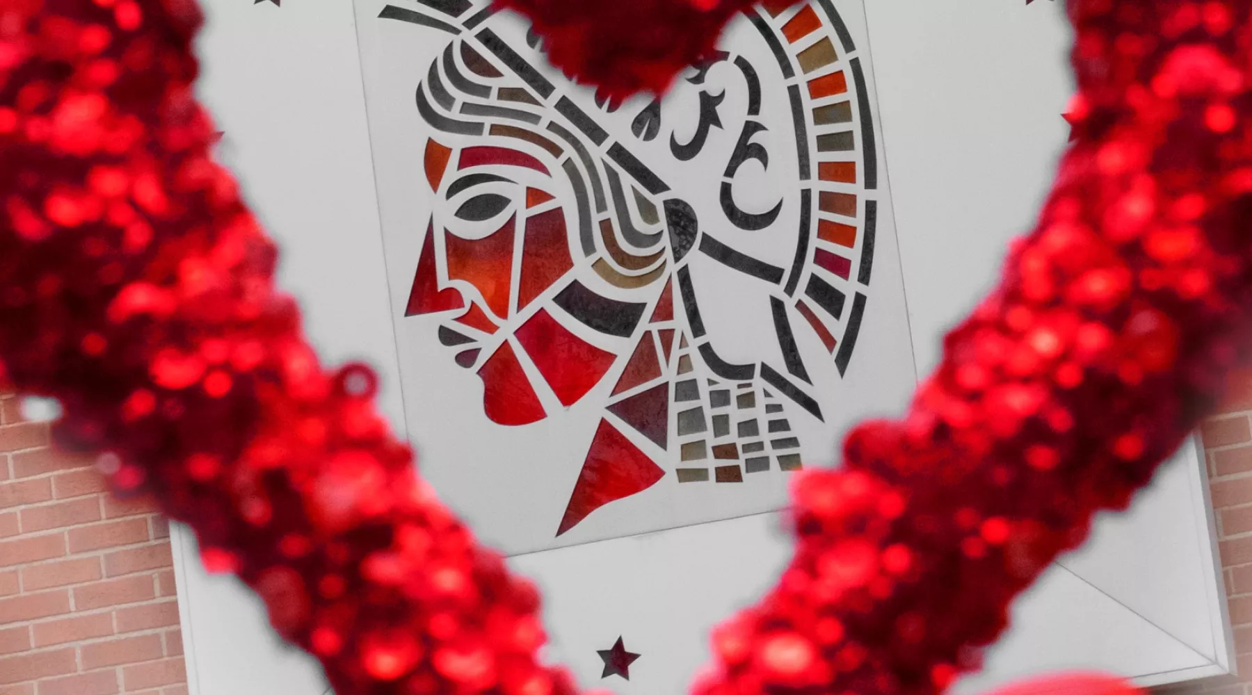 Minerva on the side of Schneider Hall shot through a decorative heart