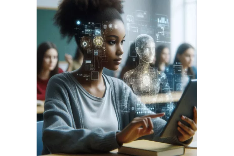 A woman using a tablet with holographic projections floating in front of her.