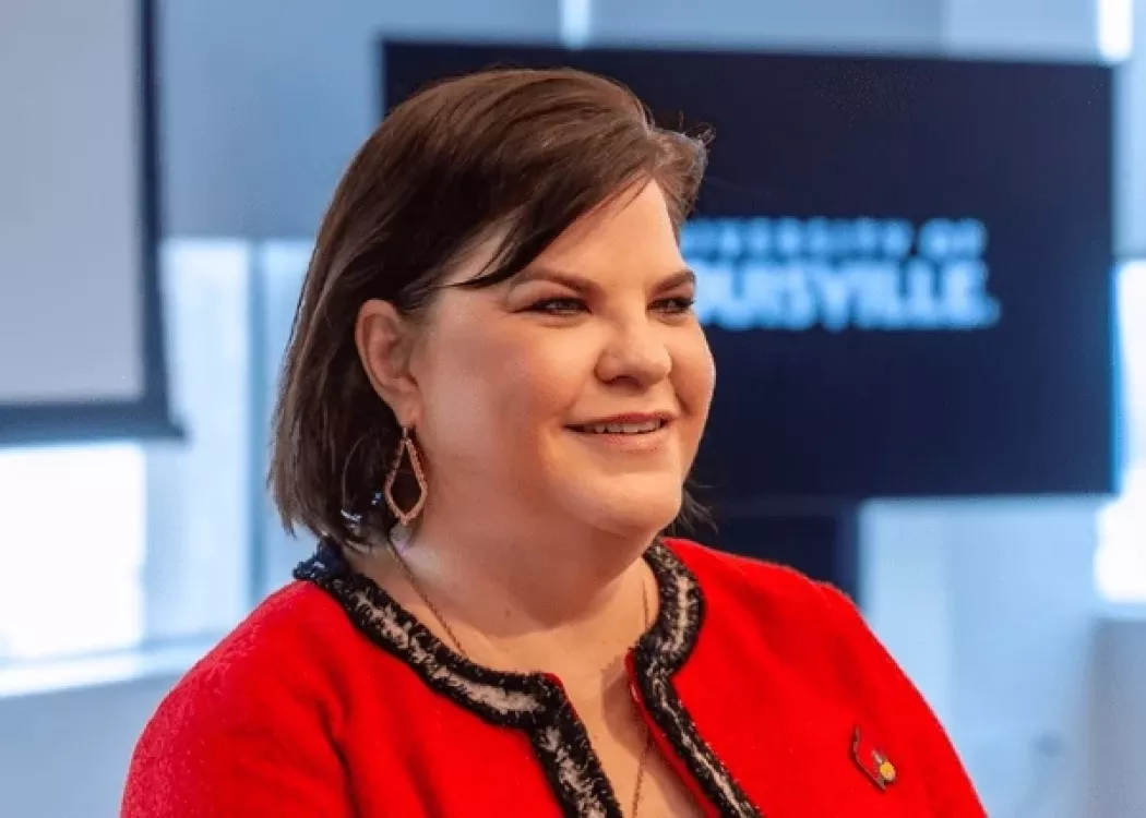 Amy Henley in Cardinal red at a College of Business event