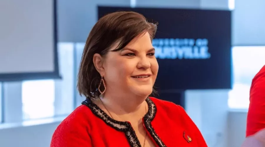 Amy Henley in Cardinal red at a College of Business event